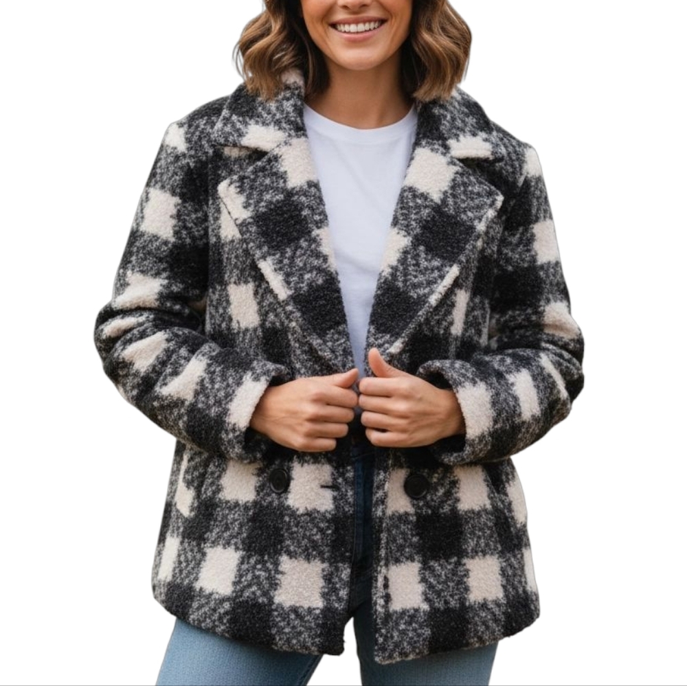 Davis & Dori Womens Plaid Boucle Teddy Jacket Textured Coat Large Black White